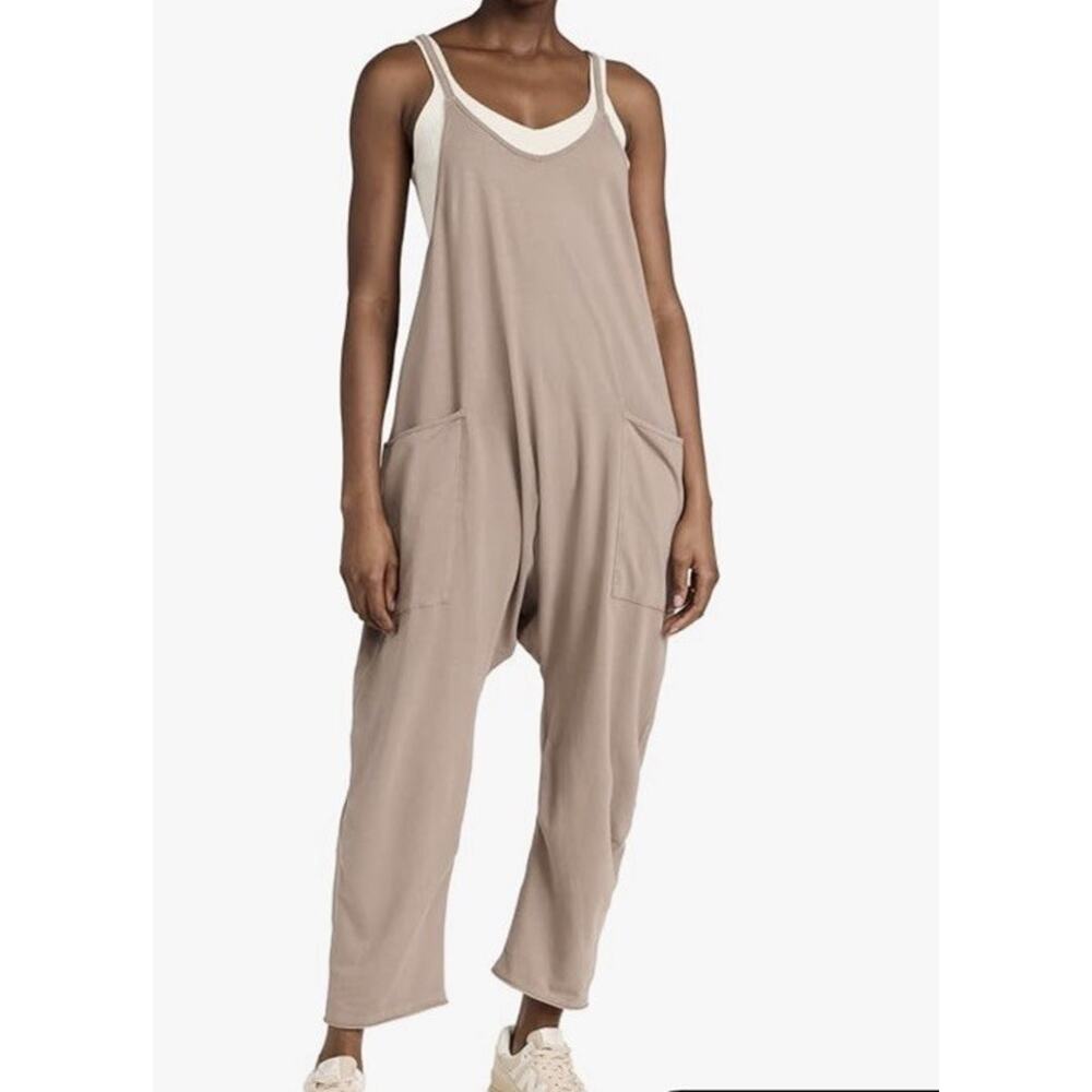 Free People Free Movement Hot Shot Jumpsuit Taupe Cotton Blend Yoga Comfort Sz M